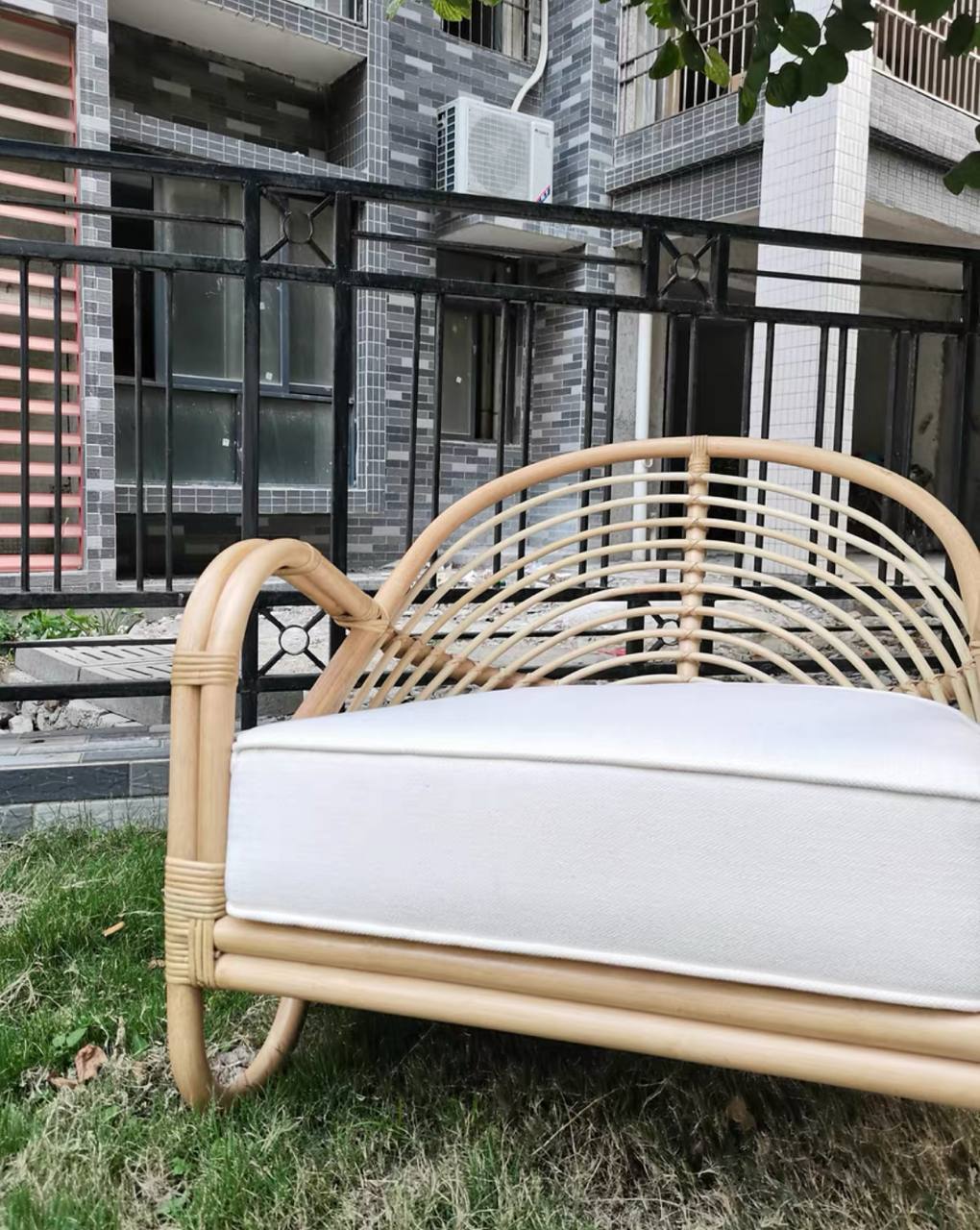 Bamboo Breeze Armchair – Natural Rattan with White Cushion