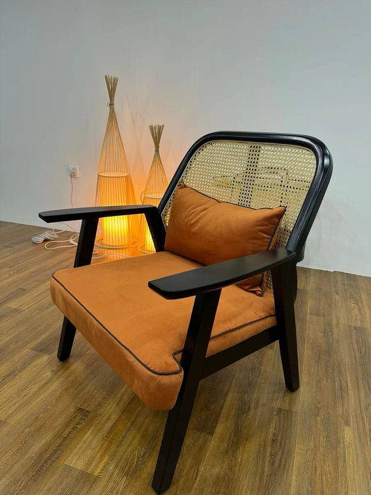 Modern Cane Armchair – Black Wood & Natural Rattan
