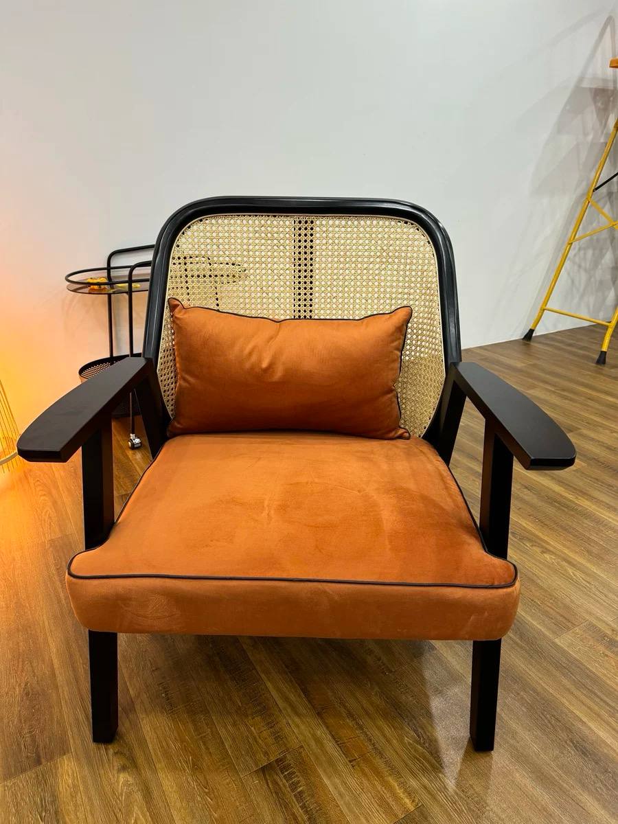 Modern Cane Armchair – Black Wood & Natural Rattan