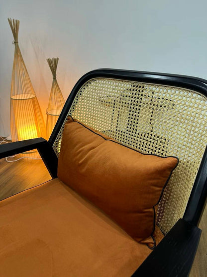 Modern Cane Armchair – Black Wood & Natural Rattan