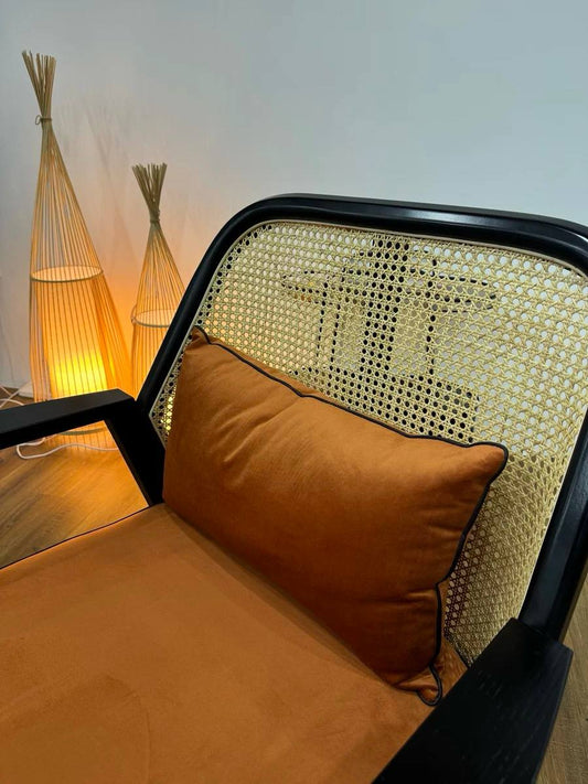 Modern Cane Armchair – Black Wood & Natural Rattan